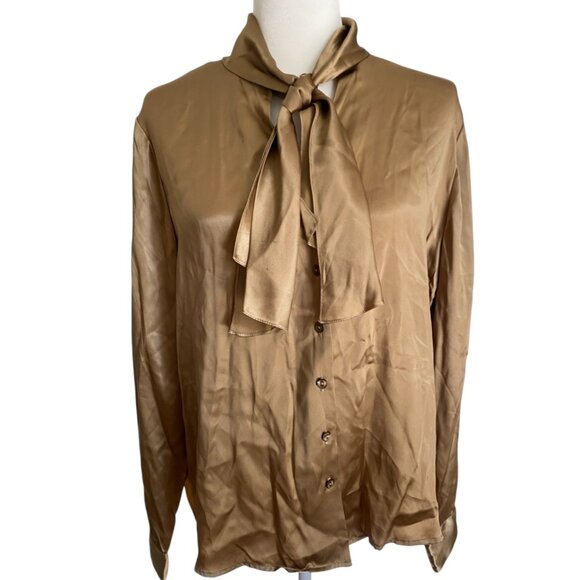 Rena Rowan Silk Shirt Tie Collar Button Down Gold Color. Size 14W - Picture 1 of 7